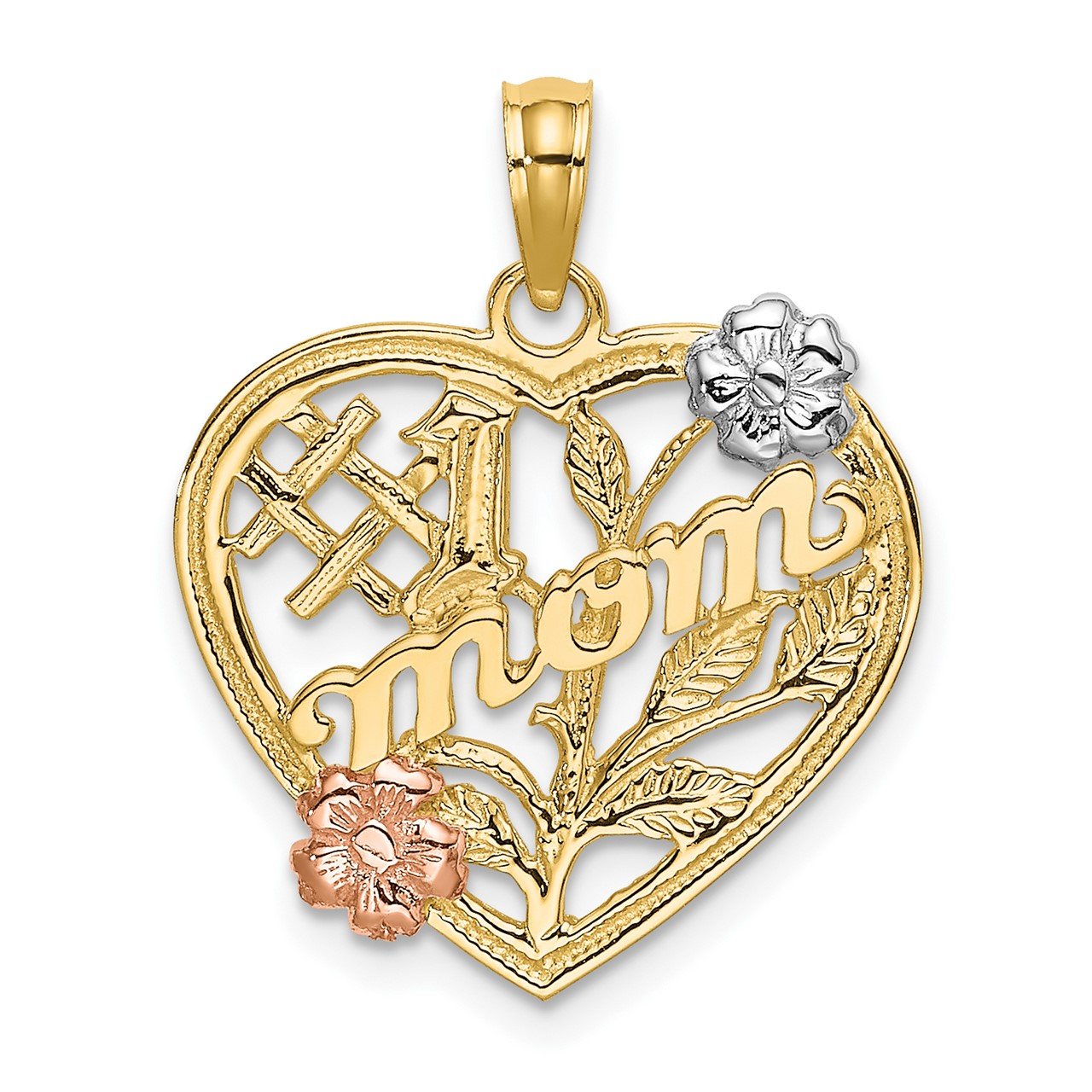 14k Two-tone with White Rhodium #1 MOM Heart with Flower Charm
